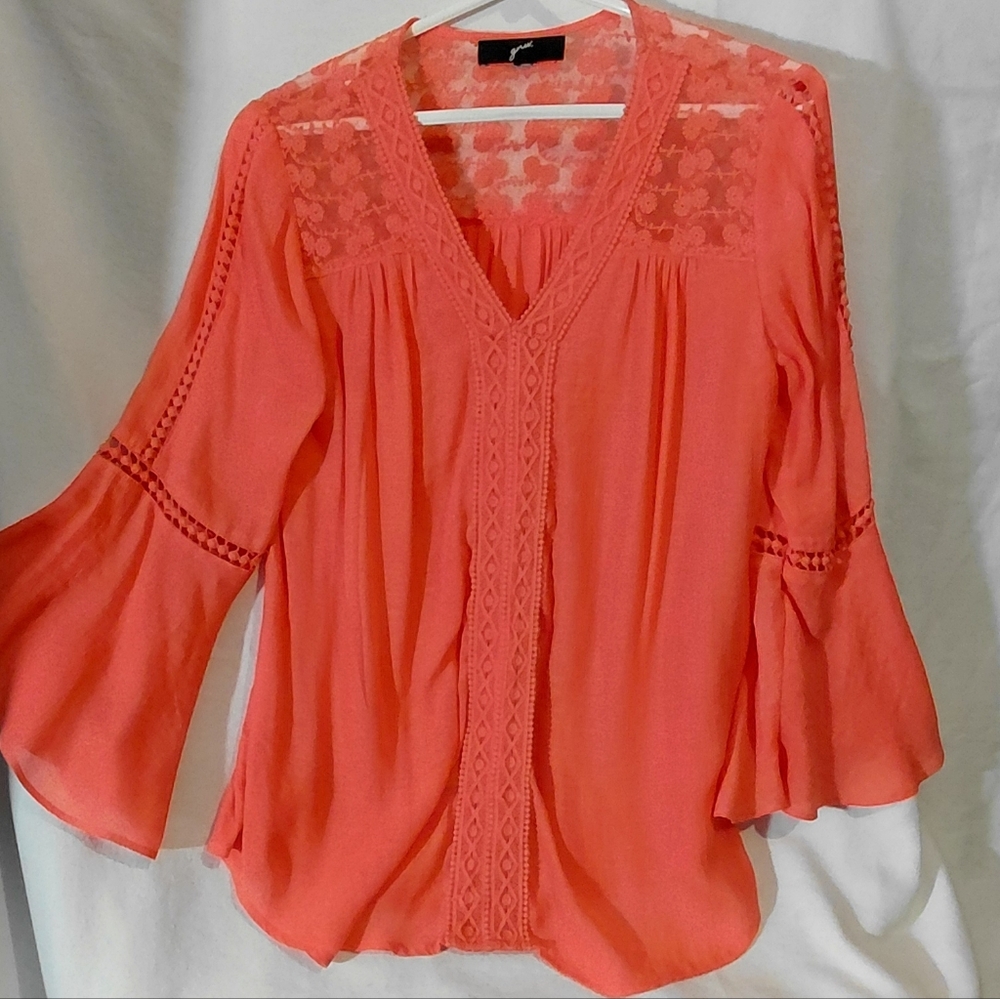 GNW Vibrant Coral Lace Detail Blouse